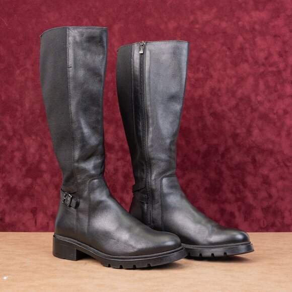 La Canadienne Women Black Leather Buckle Zip Riding Stretch Lug Knee Boots sz 9 - Picture 1 of 9